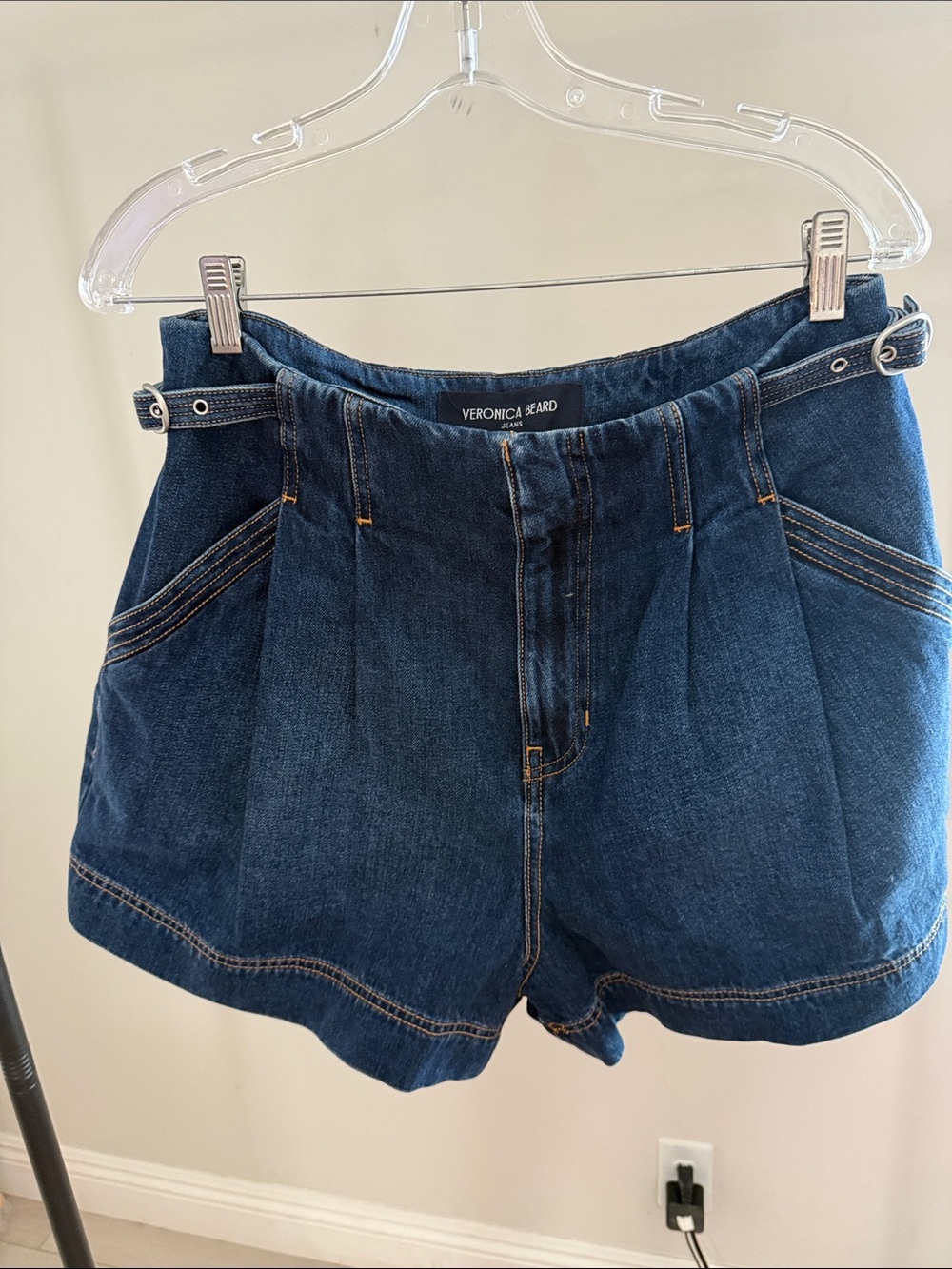 Veronica Beard Dark Blue Pleated Denim Shorts
